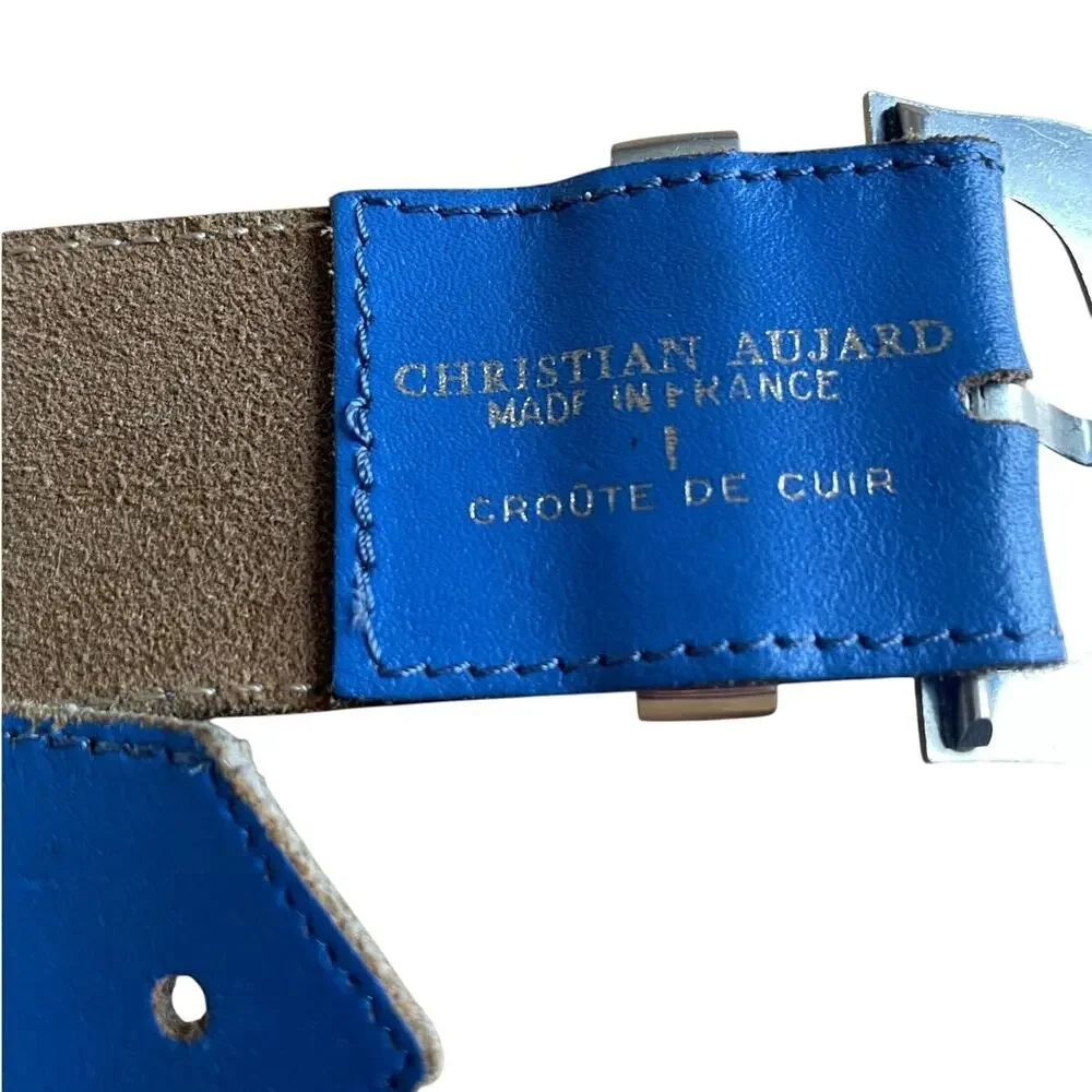 Vintage Christian Aujard Blue Leather Belt with Silver Buckle Size 32